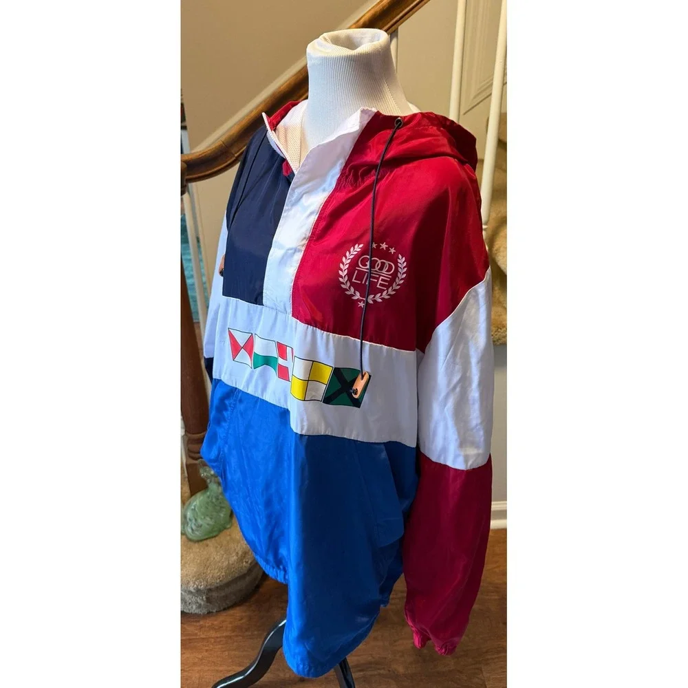 Camp Good Life Mens 2XL Nautical Colorblock Windbreaker Anorak Jacket Flags